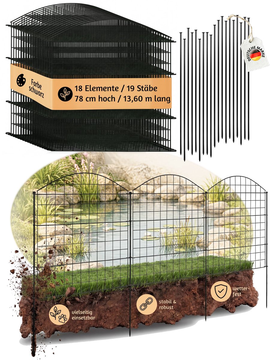 Tuinafscheiding / Modulaire omheining / Vijverbarrière – 18 metalen hekpanelen (78 cm hoog) voor tuinen & vijvers – Hondenhek / Rasterbarrière met gebogen bovenzijde – Zwart