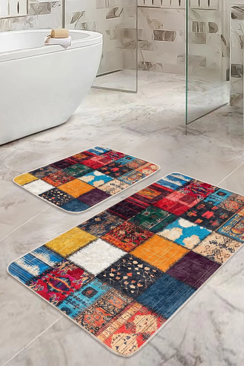 De Groen Home Badmat antislip 2 stuk set - 60x100 & 50x60 - HARMONIE COLLECTIE - Patchwork Edition - Wc mat - Toiletmat
