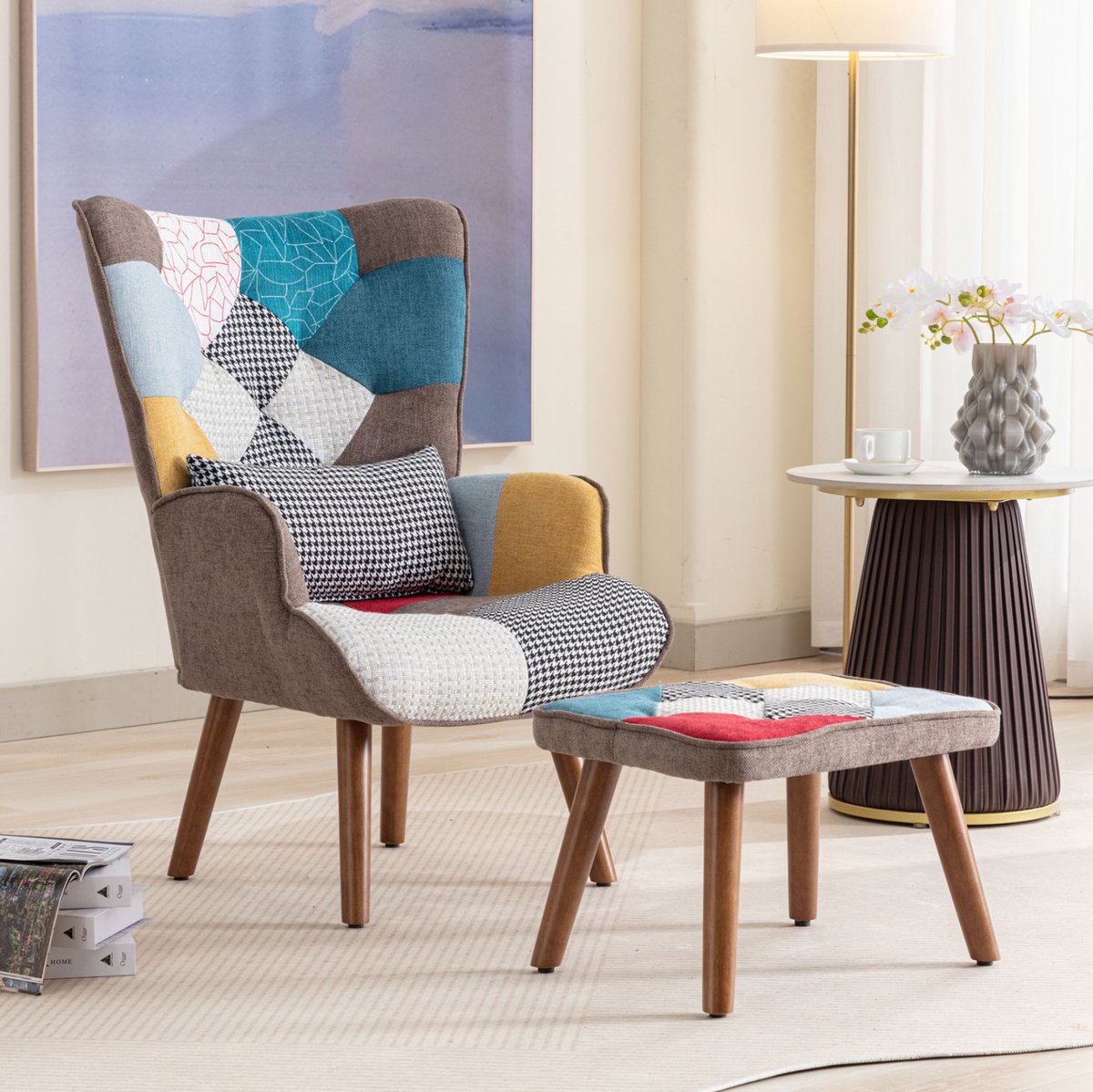 FloraGrace Fauteuil met Hocker - Kleurig Patchwork Design - Met Hoge Rugleuning, Armleuningen En Kussen - Voor Woonkamer - Hout - Kleurig