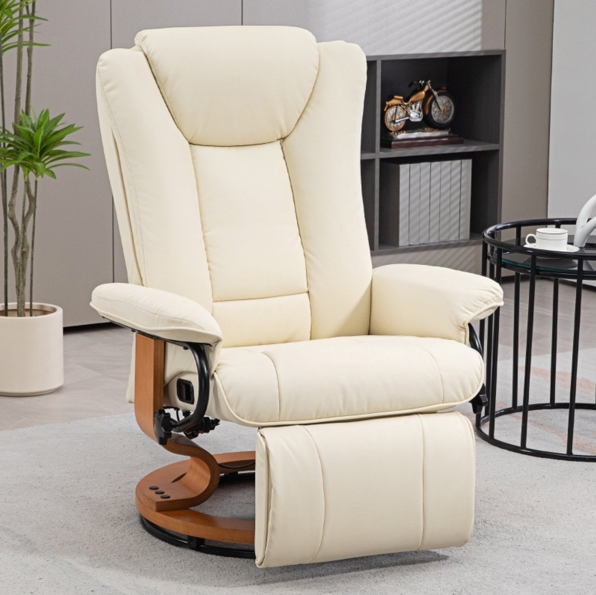MIVRAY Relaxfauteuil 78 x 88 x 103 cm - Handmatig Verstelbaar Met Ligfunctie En 360° Draaibare Voetensteun - Woonkamer - Kunstleer Crèmewit