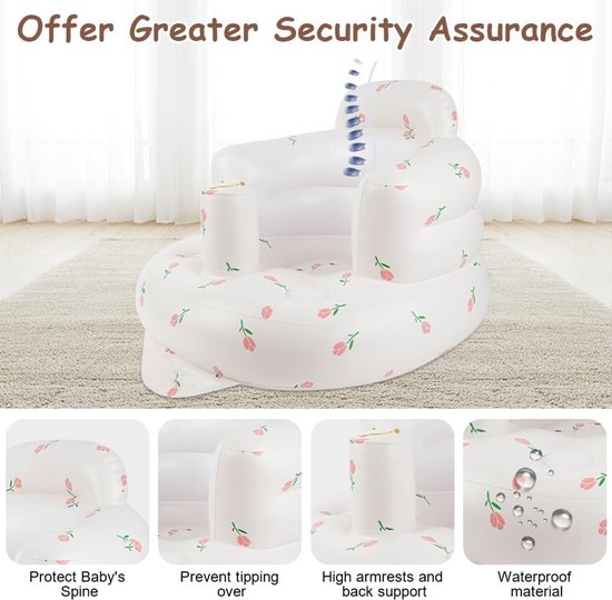 Opblaasbare Babystoel, Babybank met Rugondersteuning voor Baby's vanaf 3 Maanden, Zomer Opblaasbare Babystoel om op te Zitten, Babyshowerstoel, Babystoel voor Buiten, Tulppatroon — afbeelding 4