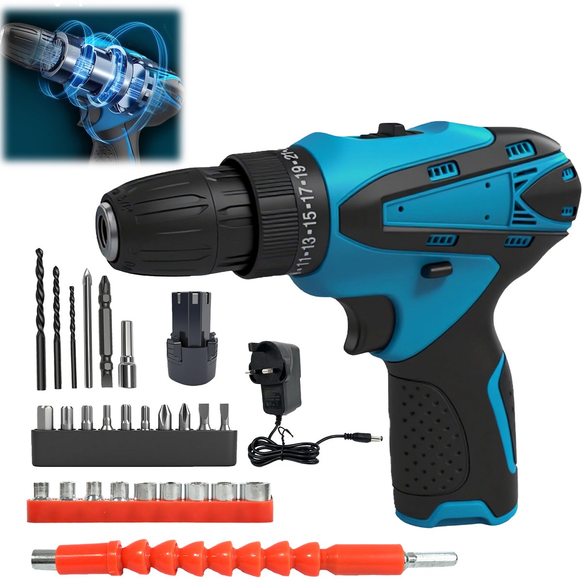 18V Accuboormachine met koperen motor, complete set inclusief accu, EU‑oplader en uitgebreide accessoires, schroef‑ en boormachine voor doe‑het‑zelf‑klussen