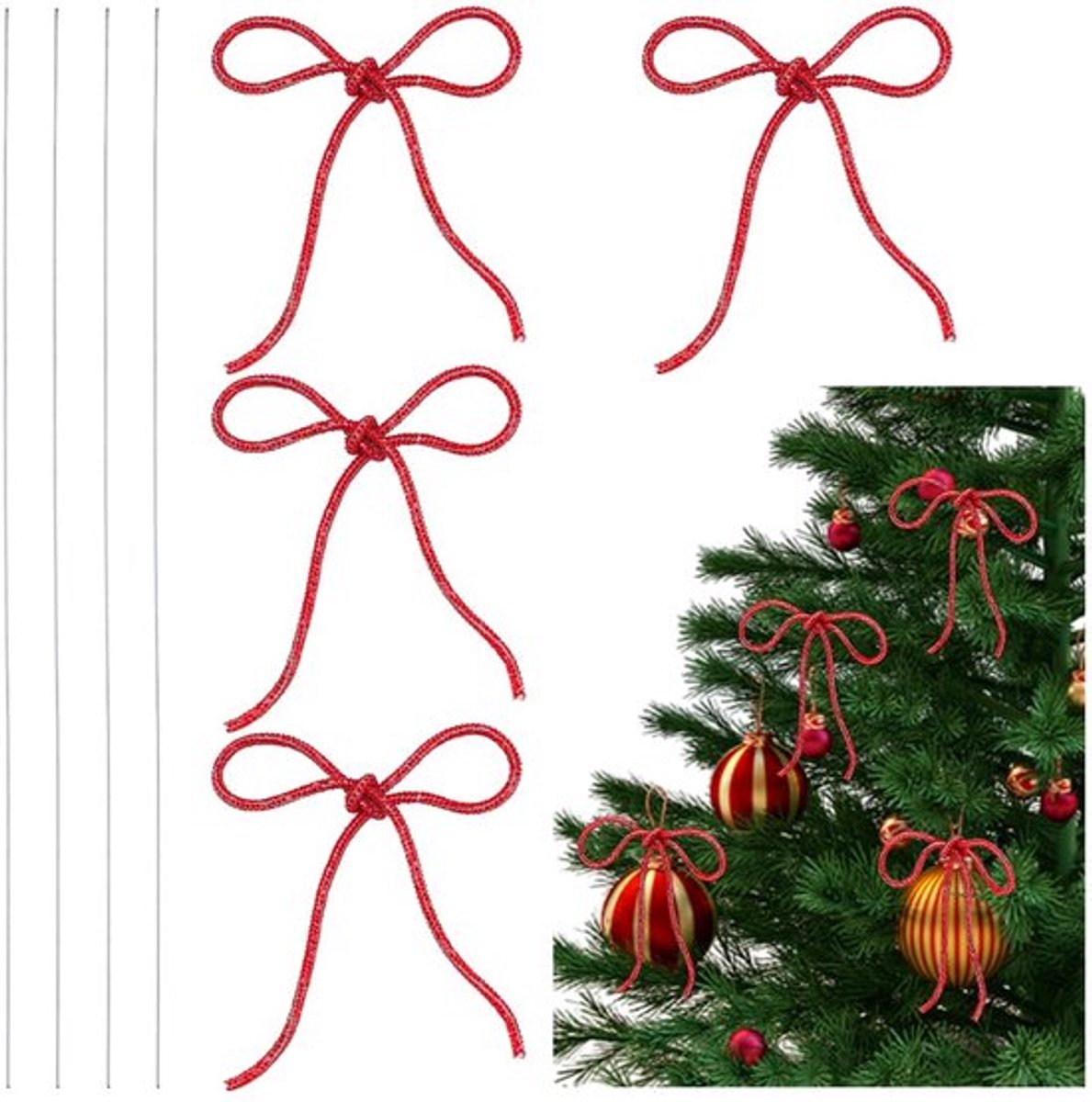 4 Stuks Strik Kerstboom Ornament, Sprankelende Strik met IJzerdraad Rode Kerst Hangende Pendants voor Familie Thuis Feest Decor, 12-13cm