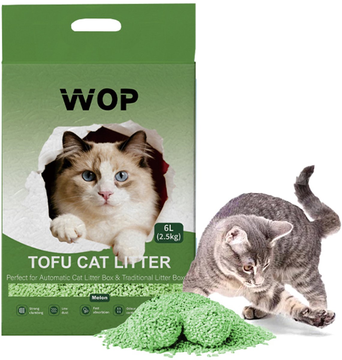 TOFU kattenbakvulling - Meloen / Melon - WOP - Kattoilet - 6L - 2.5KG