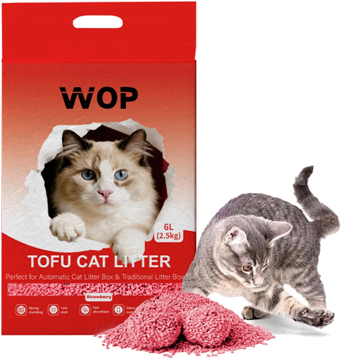 TOFU kattenbakvulling - Aardbei / Strawberry - WOP - Kattoilet - 6L - 2.5KG
