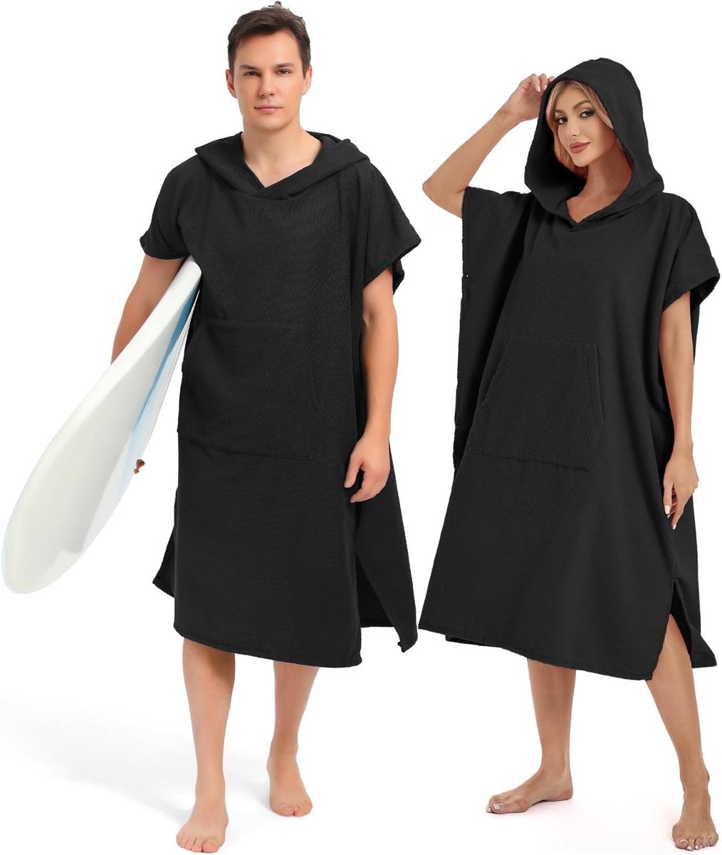 Sneldrogende microvezel surfponcho met capuchon voor dames en heren - ideaal voor strand, zwemmen en wateractiviteiten, M - zwart