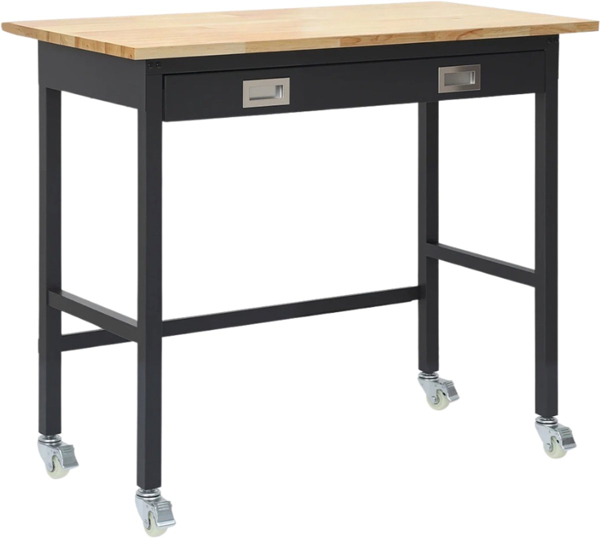 Noventra werkbank met lades-werkbank-werktafel-houten werkbank-op wielen-122 x 60,8 x 95 cm-zwart-houtkleur-metaal-hout