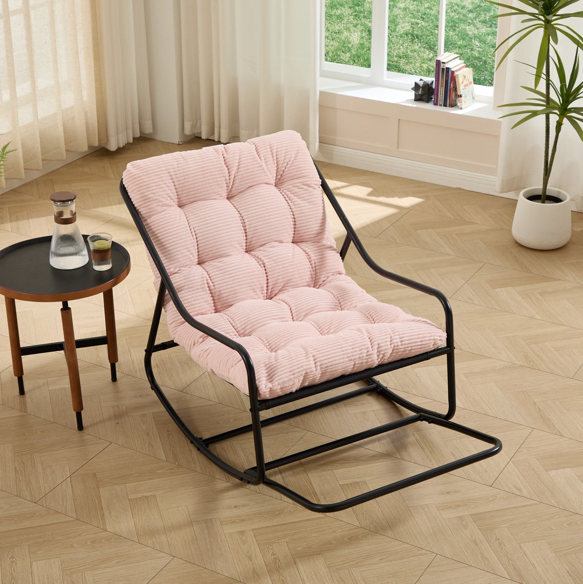 DESMIU Schommelstoel 75 x 116 x 82 cm - Met Dik Zacht Kussen En Verstelbare Schommelbeweging - Voor Woonkamer, Slaapkamer En Buiten - Staal Roze