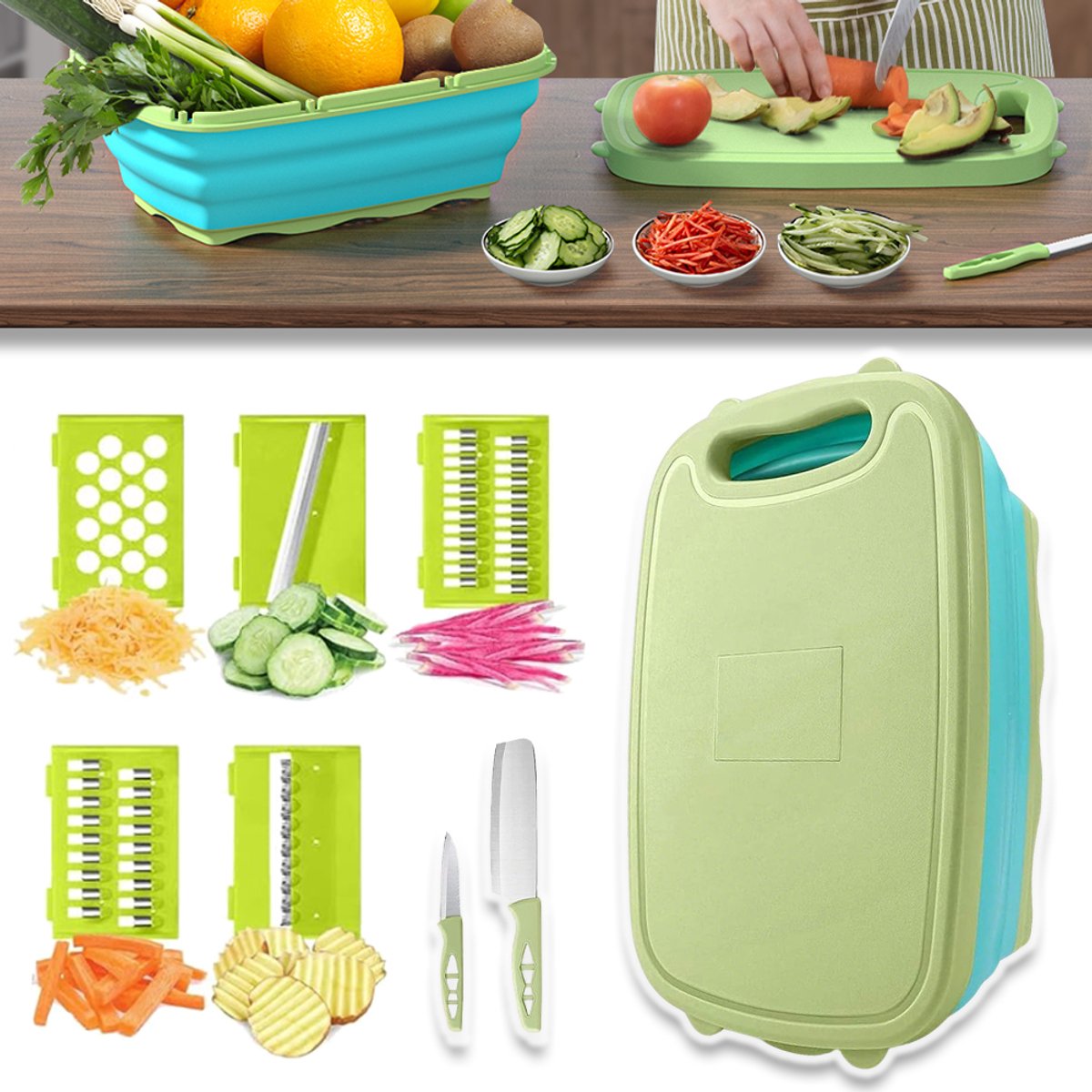 Multifunctionele Snijplank En Uitlekmandje Set - 2 Messen 5 Verwisselbare Bladen - Opvouwbaar Antislip BPA-Vrij - Perfect Voor Buiten Koken Picknicken En Kamperen
