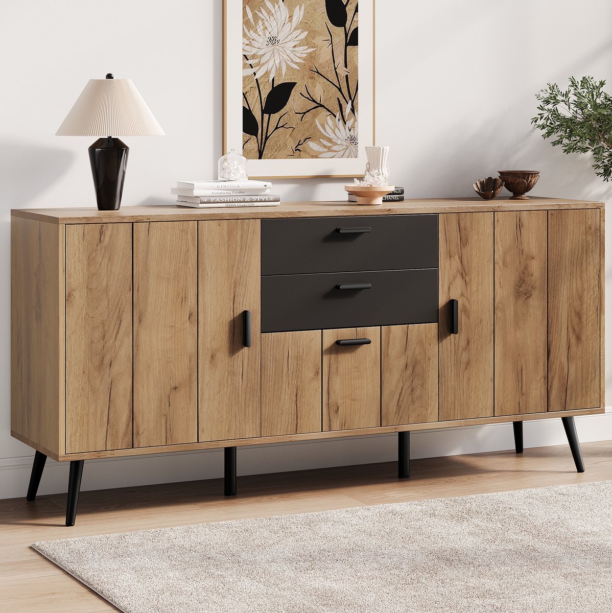 STILVORA Dressoir - Opbergkast Met 2 Lades En 3 Deuren - Voor Woonkamer, Eetkamer En Hal - MDF - 140x35x67 Cm - Zwart;Naturel