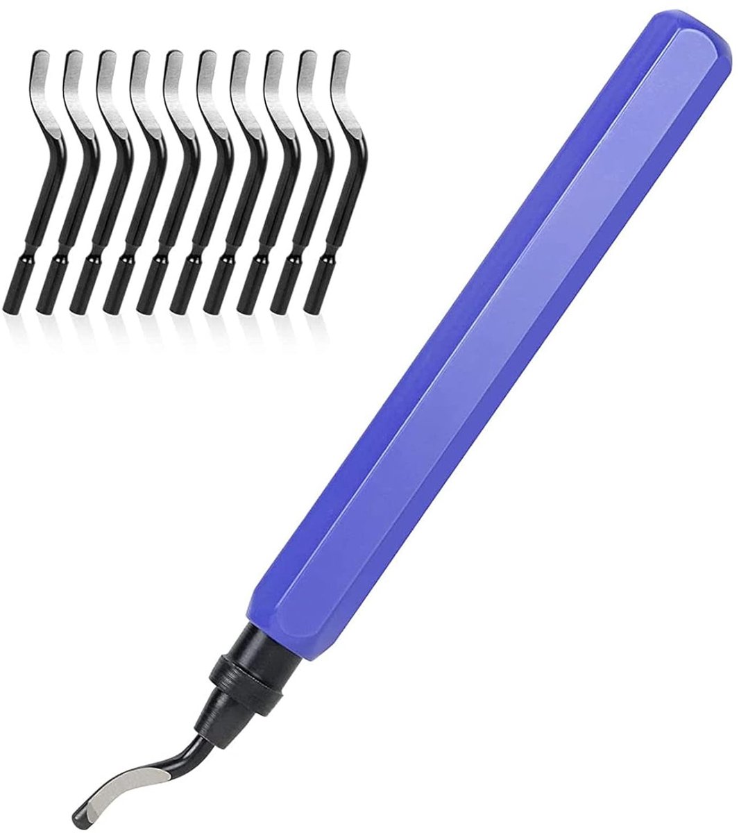 11 Stuks Ontbraamgereedschap - Ontbramen Tool - 1PCS Ontbramen Metalen Handvat en 11 x BS1010 HSS-Bladen - 360 ° Rotary Metal Ontbramen Bladen voor 3D Prints Pijp, Plastic, Aluminium, Koper, PVC en Staal - Blauw en zilver