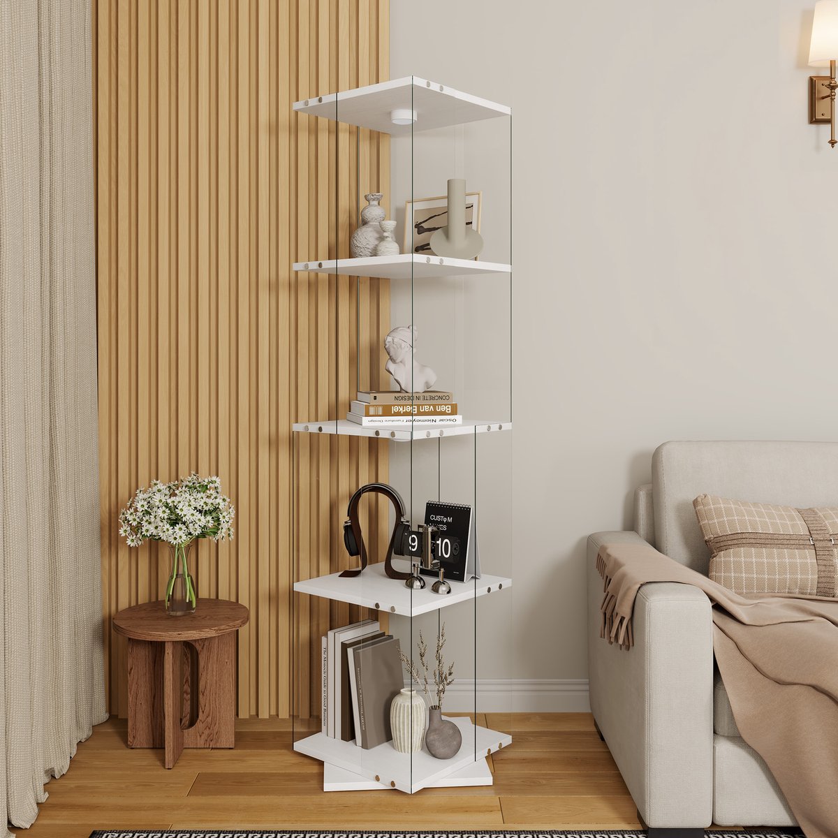 360° draaibare glazen vitrinekast met LED-verlichting, 2/3/4 planken, glazen kast, displaykast, vitrine, open glazen wand. Modern displayrek voor de woonkamer.