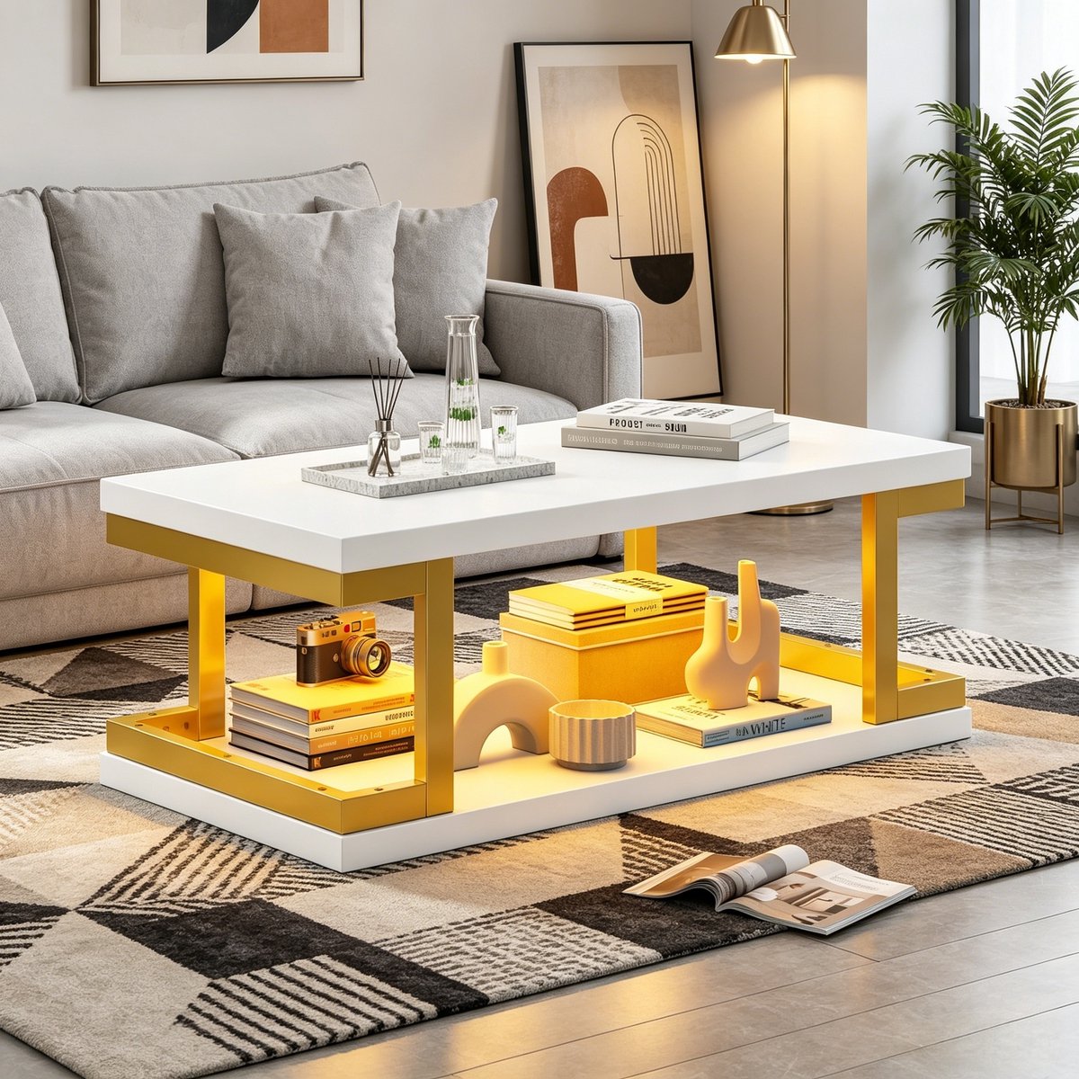 FloraGrace Salontafel - Rechthoekige Tafel Met LED-Verlichting En Open Opbergruimte - Voor Woonkamer Of Werkkamer - MDF En Metaal - 100x50x37,5 Cm - Wit Goud