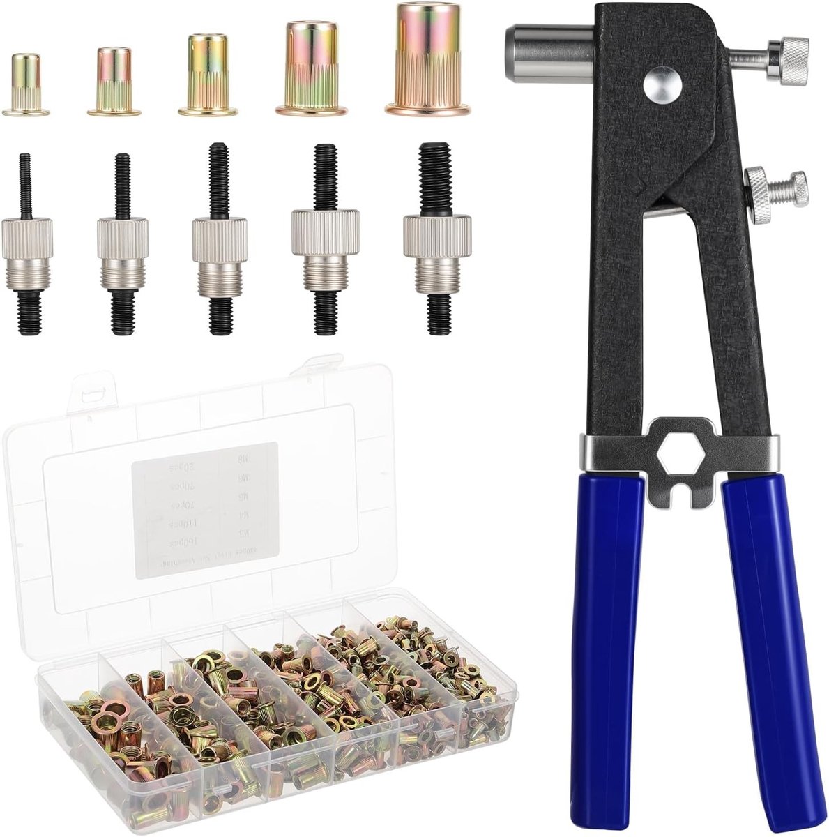 Klinkmoertang set met 430 stuks M3 M4 M5 M6 M8 klinkmoeren, blindklinkmoer tang van koolstofstaal voor professioneel gebruik en doe-het-zelf projecten