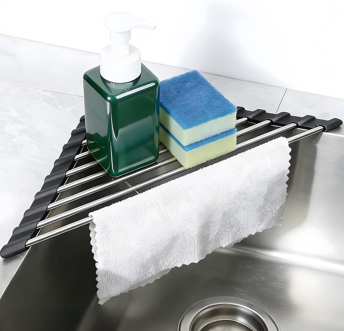 Set van 2 opvouwbare driehoekige afdruiprekken van roestvrij staal, multifunctioneel voor keuken en badkamer, ideaal voor het drogen van servies en keukengerei