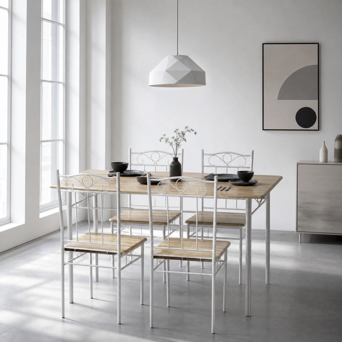 EGGREE Eettafelset (109 x 69 x 75 cm) en 4 stoelen - Licht beuken en wit - Industriële stijl - voor keuken, eetkamer, woonkamer