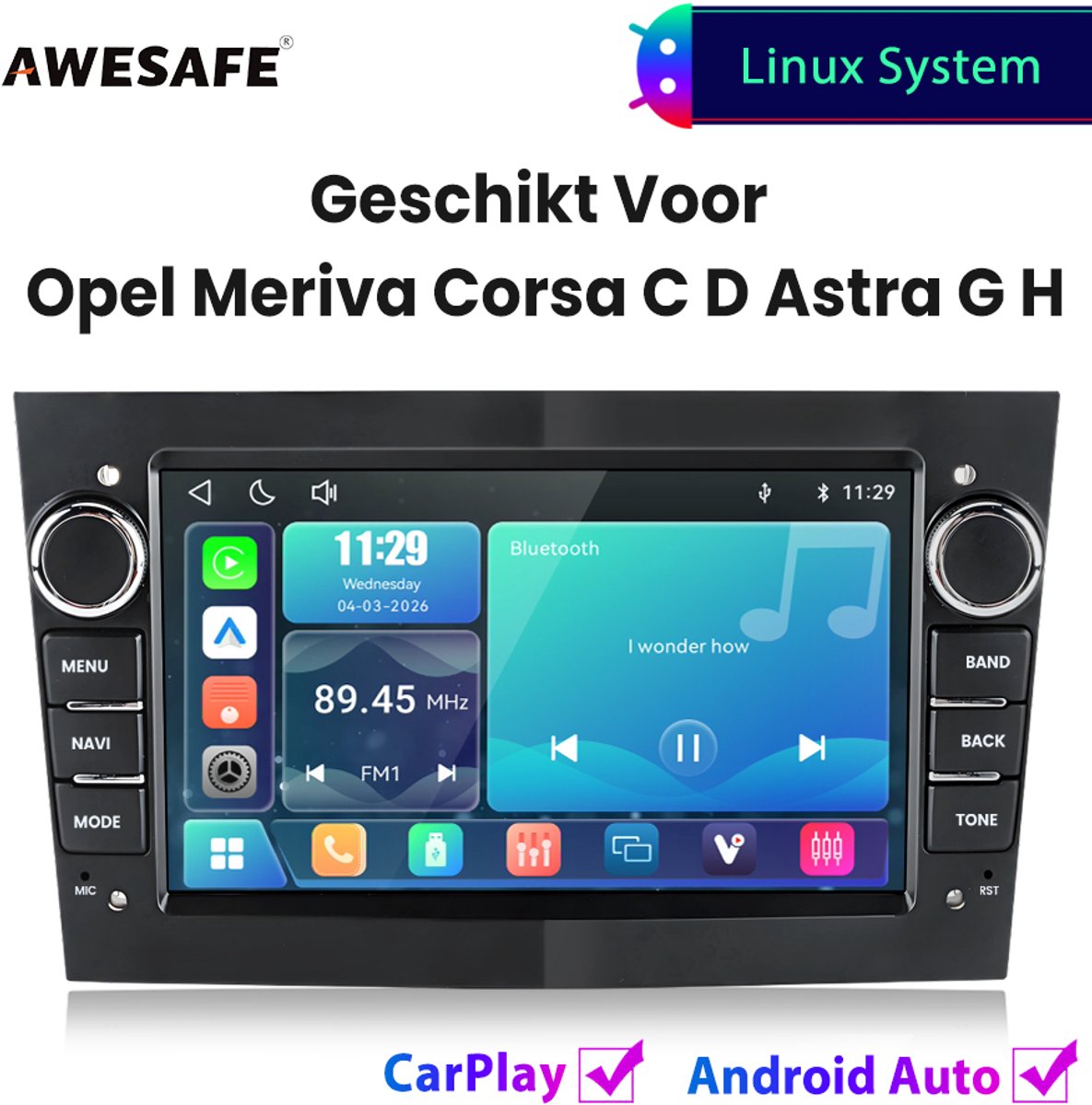 Awesafe Autoradio - Geschikt Voor Opel Meriva Corsa C D Astra G H - Draadloos Carplay Android Auto - Linux systeem - 7 Inch Touchscreen - FM Radio Bluetooth EQ SWC Wifi Airplay