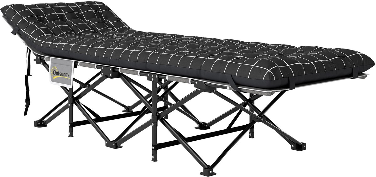 Opvouwbaar campingbed, veldbed met matras, ergonomisch, metalen frame, zwart
