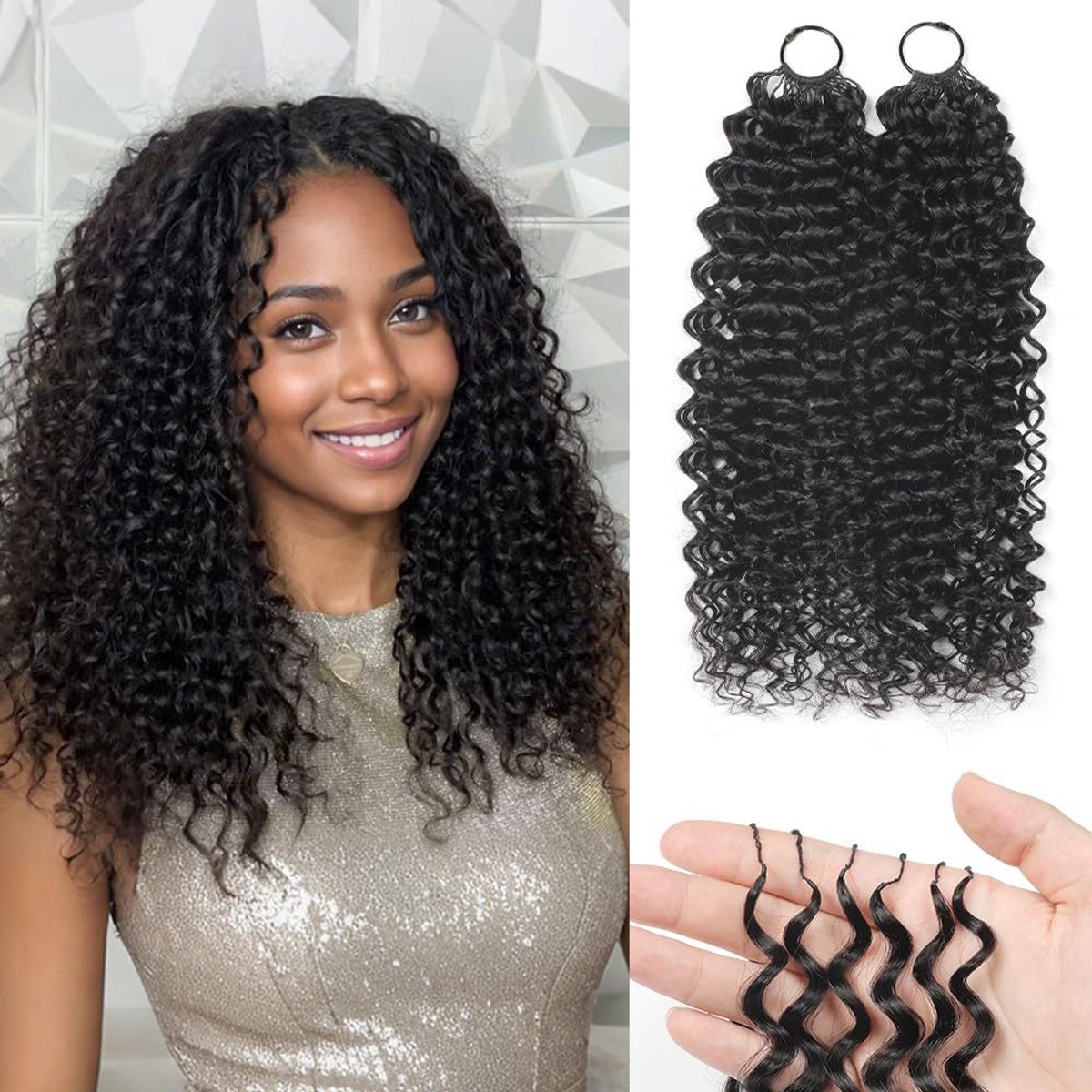 2-Stretch Curl Haarextensies(ongeveer 40 strengen) - Ca. 35 cm Gehaakte Haarextensies van Echt Haar - Krullend, Klittenvrij, Voorgescheiden - Onzichtbaar "Wet Wave" Effect - Zwart