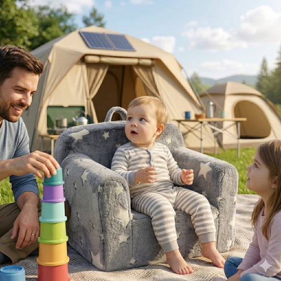 HAUSS SPOLE Kinderfauteuil - Zachte Kindersofa Met Armleuningen, Draaggreep En Afneembare Hoes - Voor Kinderkamer En Speelhoek - Stof Grijs Met Sterren van HAUSS SPOLE — afbeelding 4