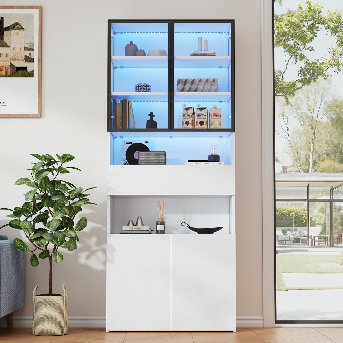MODFU - Vitrinekast - Glazen Deuren - Lades - Led - Wit