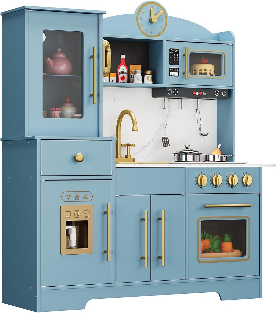 Complete Speelkeuken Set met Licht en Geluid - Houten Speelgoed voor Kinderen 3-8 Jaar - Inclusief Pannen, Bestek en Keukenaccessoires