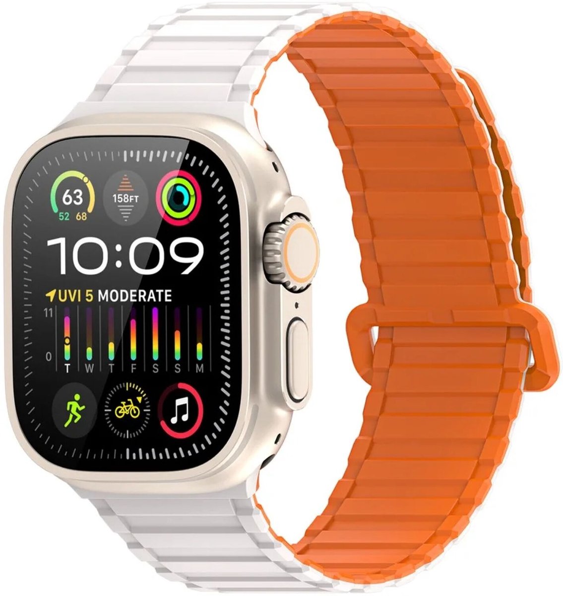 Dux Ducis - Bandje Geschikt voor Apple Watch 1/2/3/4/5/6/7/8/9/10/SE/Ultra (2) - 49MM / 46MM / 45MM / 44MM / 42MM - Siliconen - Magneetsluiting - Wit/Oranje