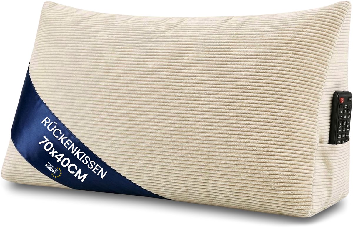Leeskussen voor bed bank en hoofdbord 70 cm breed - groot driehoekig wigkussen rugkussen – bankkussen rugsteun lendenkussen om comfortabel te lezen in bed of tv te kijken kussen Beige – Corduroy