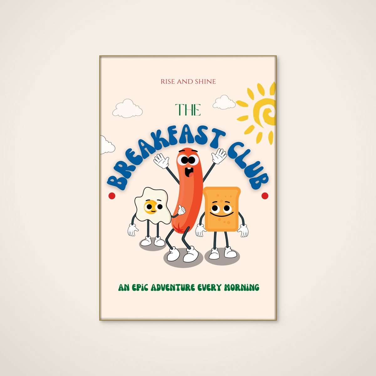 Akoestisch schilderij - 80 x 120 cm - Cartoon Breakfast Buddies van Nazma Khokhar - Abstracte wanddecoratie - goud textielframe