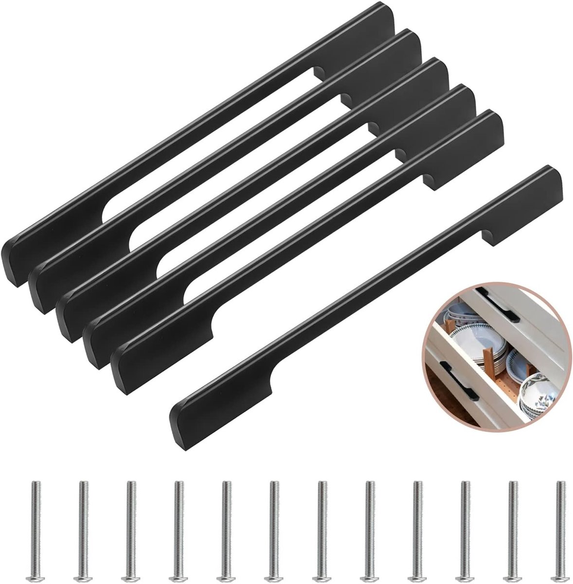 Set van 6 Keuken Deurgrepen 320mm, Zwarte Aluminium Kastknoppen voor Meubel en Lade met Schroeven