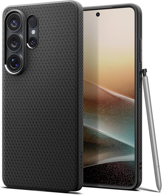 Zwarte Spigen Liquid Air case met een driehoekig patroon, naast een telefoon met stylus.