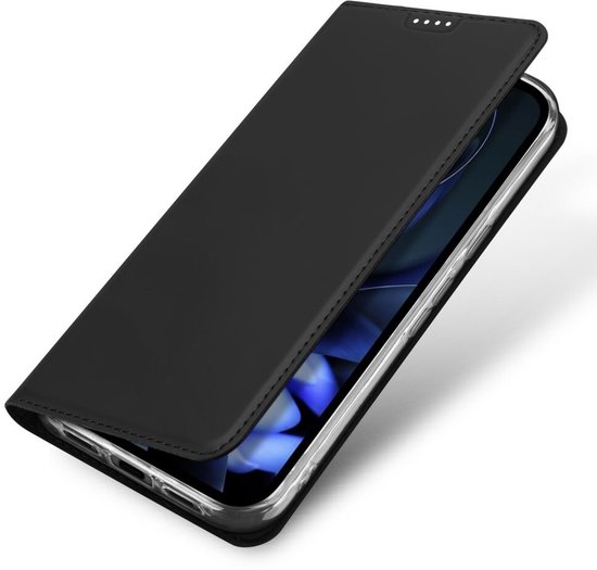 Zwart Dux Ducis telefoonhoesje, de voorkant wordt gesloten.