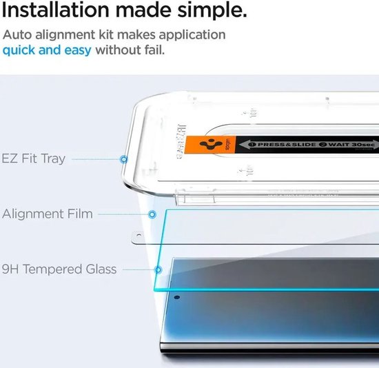 Montageframe 'EZ Fit Tray' met Spigen logo, met een transparante folie en 9H gehard glas.