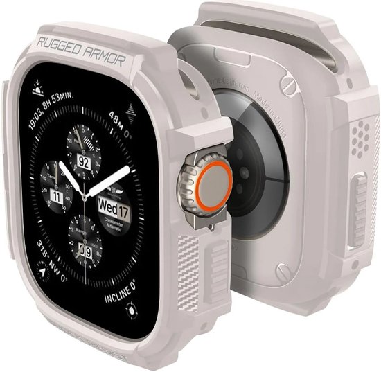 Beige Spigen Rugged Armor hoesje met wijzerplaat en de achterkant van het horloge met Spigen logo en specificaties.