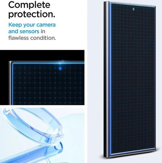 Zwarte screenprotector met blauw rasterpatroon en een kleine camera-uitsparing.