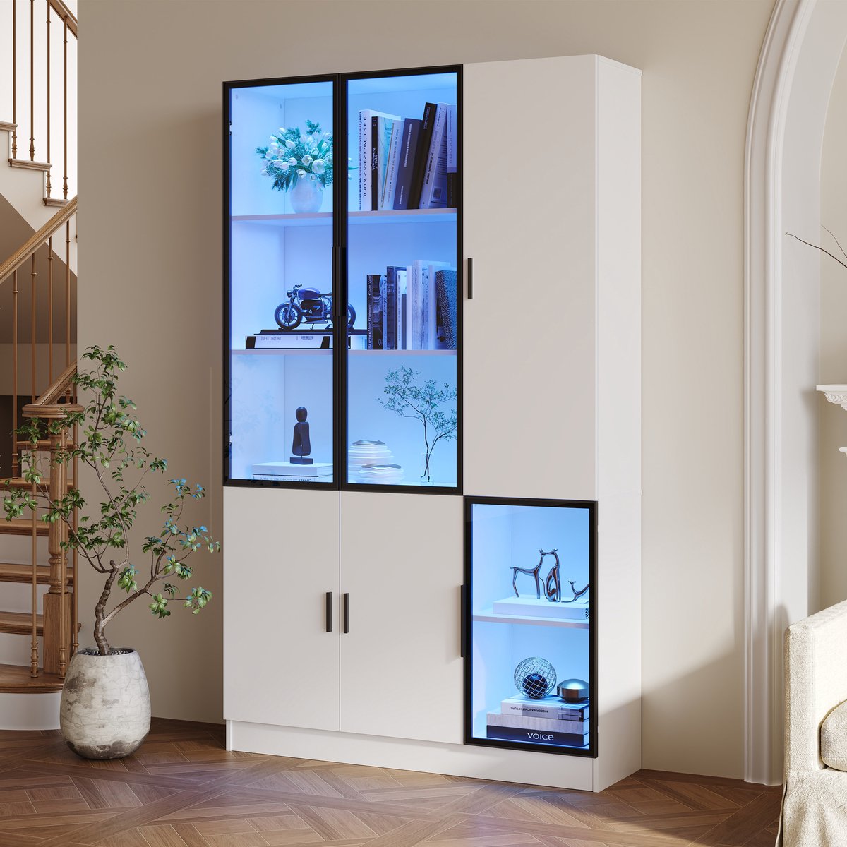 MODFU - Boekenkast - 3 Glazen Deuren Met LED - Wit - 120 X 35 X 200 Cm