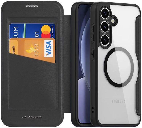 Étui de téléphone noir à rabat, avec 2 emplacements pour cartes. Dos transparent avec anneau MagSafe.