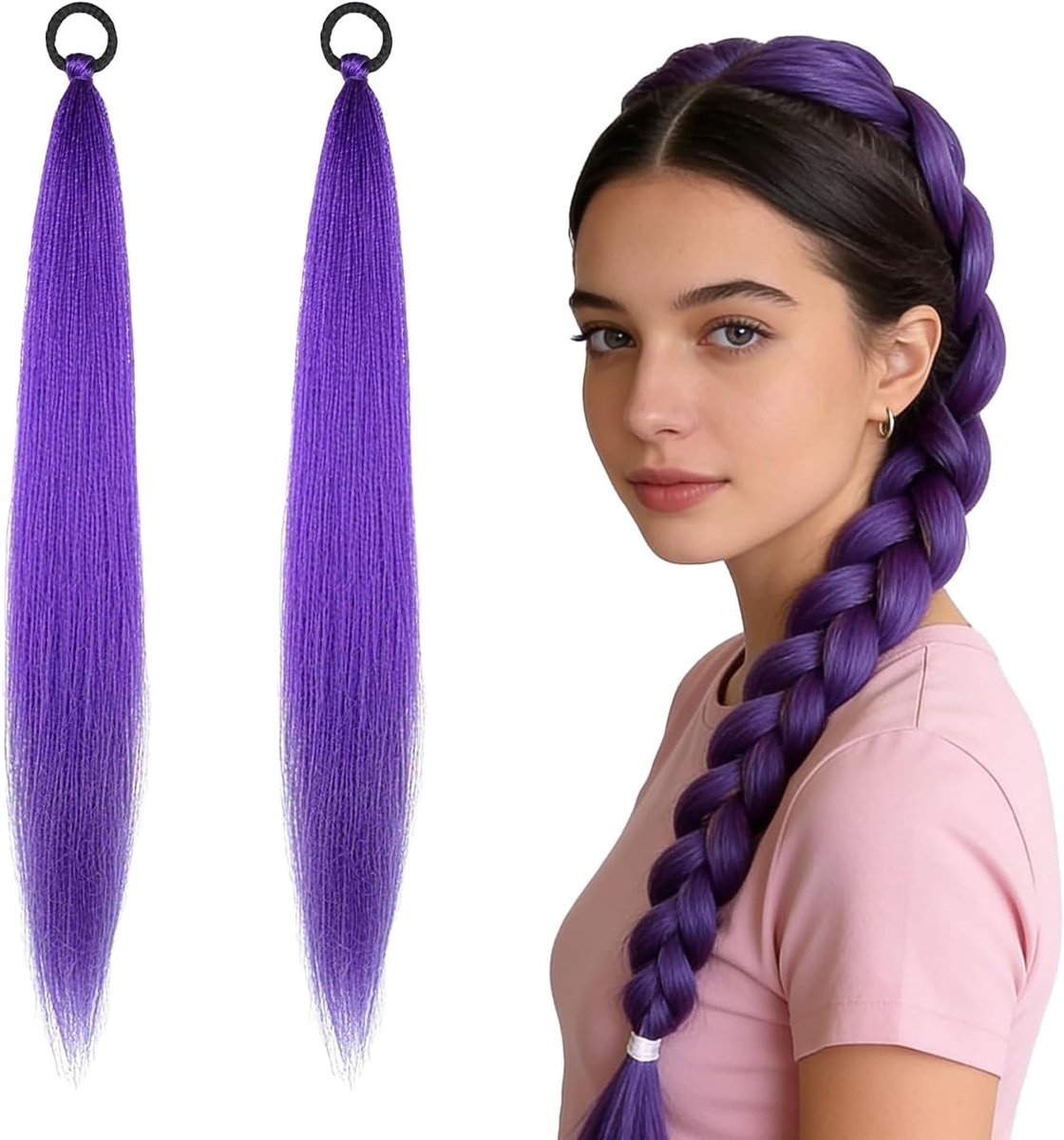 Set van 2 Paarse Haarverlengingen van Synthetische Vezels, 66 cm Lang voor Paardenstaart, Perfect voor Halloween, Cosplay en Feestkostuums voor Kinderen en Volwassenen