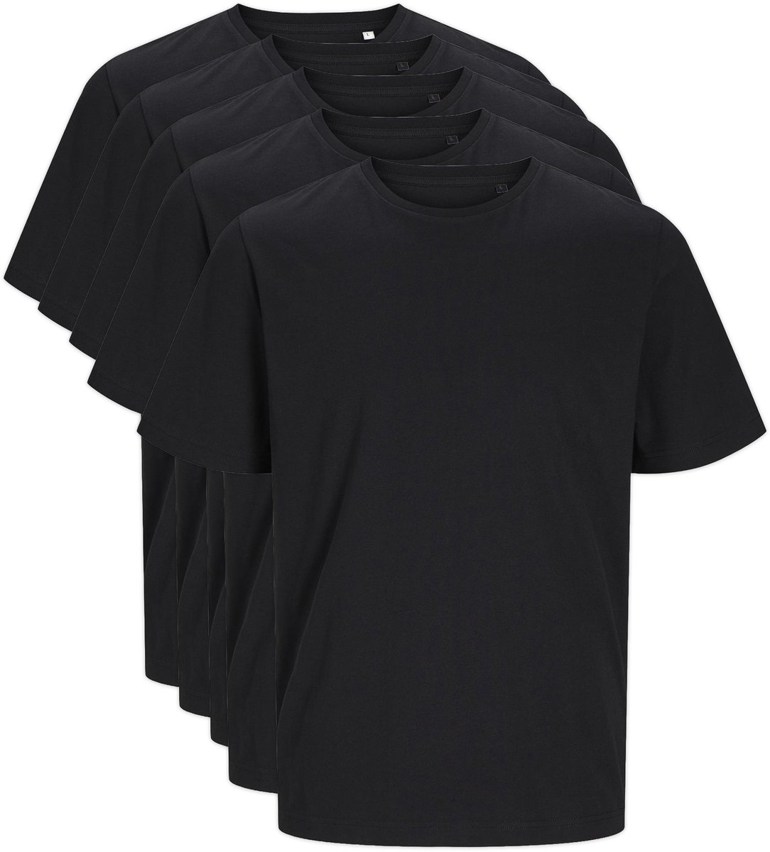 5 Pack - Jack & Jones Premium Soft Heren T-shirt - 100% organic Katoen - Ronde Hals - ZWART XS