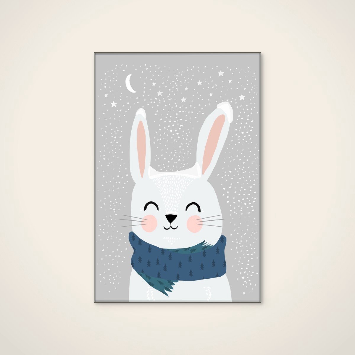 Akoestisch schilderij - 60 x 90 cm - Winter Bunny Bliss van Treechild - Abstracte wanddecoratie - zilver textielframe