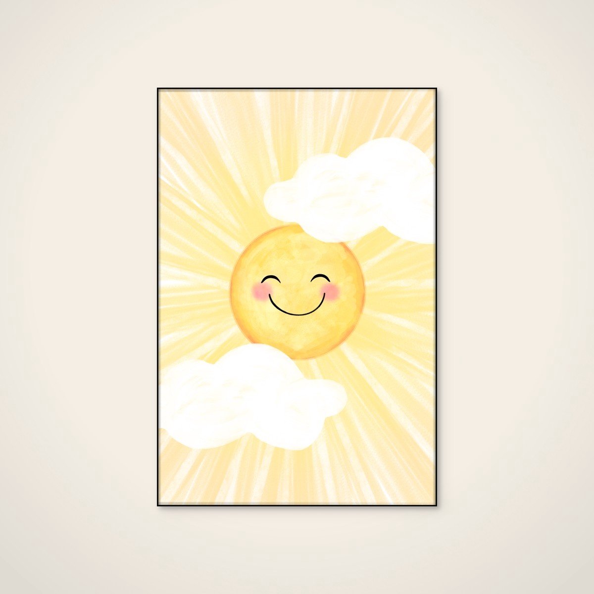 Akoestisch schilderij - 80 x 120 cm - Happy Smiling Sun van EMELIEmaria - Abstracte wanddecoratie - zwart textielframe
