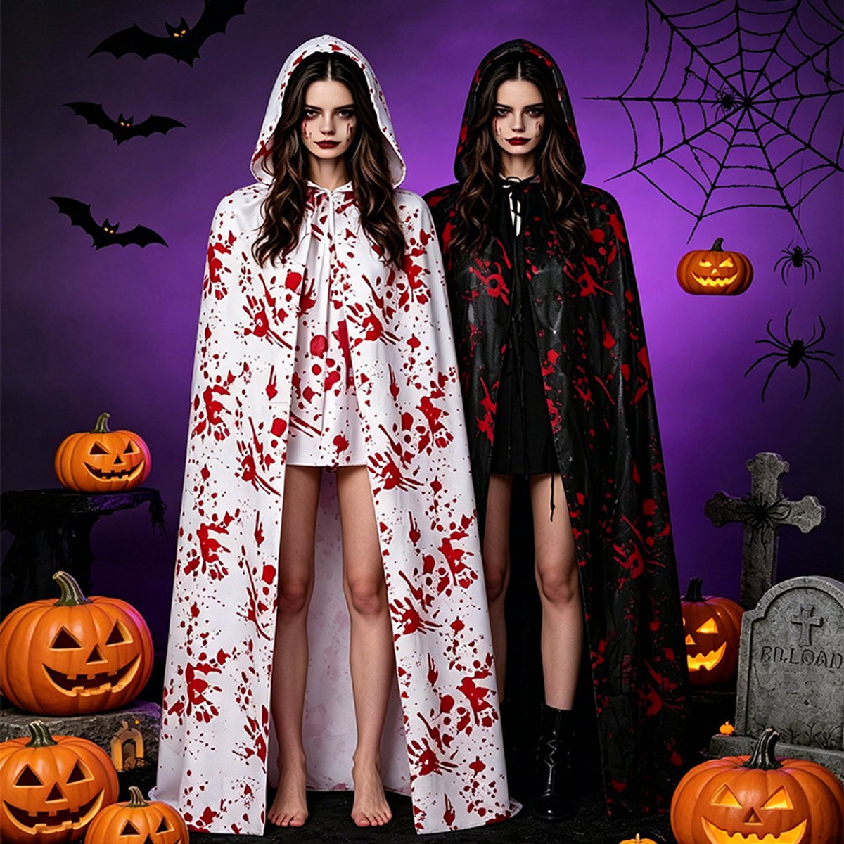 Namajunas - Cape kostuum voor Halloween - 2 stuks, 1x zwart en 1x wit - Voorzien van bloederige en horror elementen - Geschikt voor carnaval, gemaskerd bal, Halloween en themafeesten - Bloederige handafdruk Halloween cape - Halloween kleding