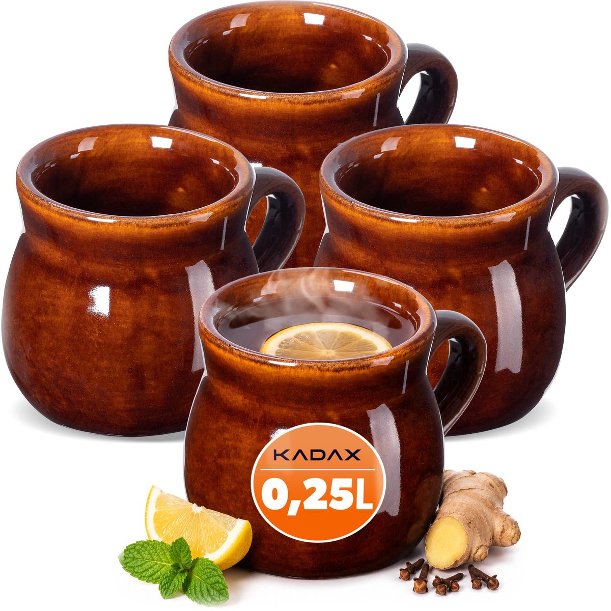 KADAX mokken voor glühwein 250 ml met handvat steengoed mok set van 4