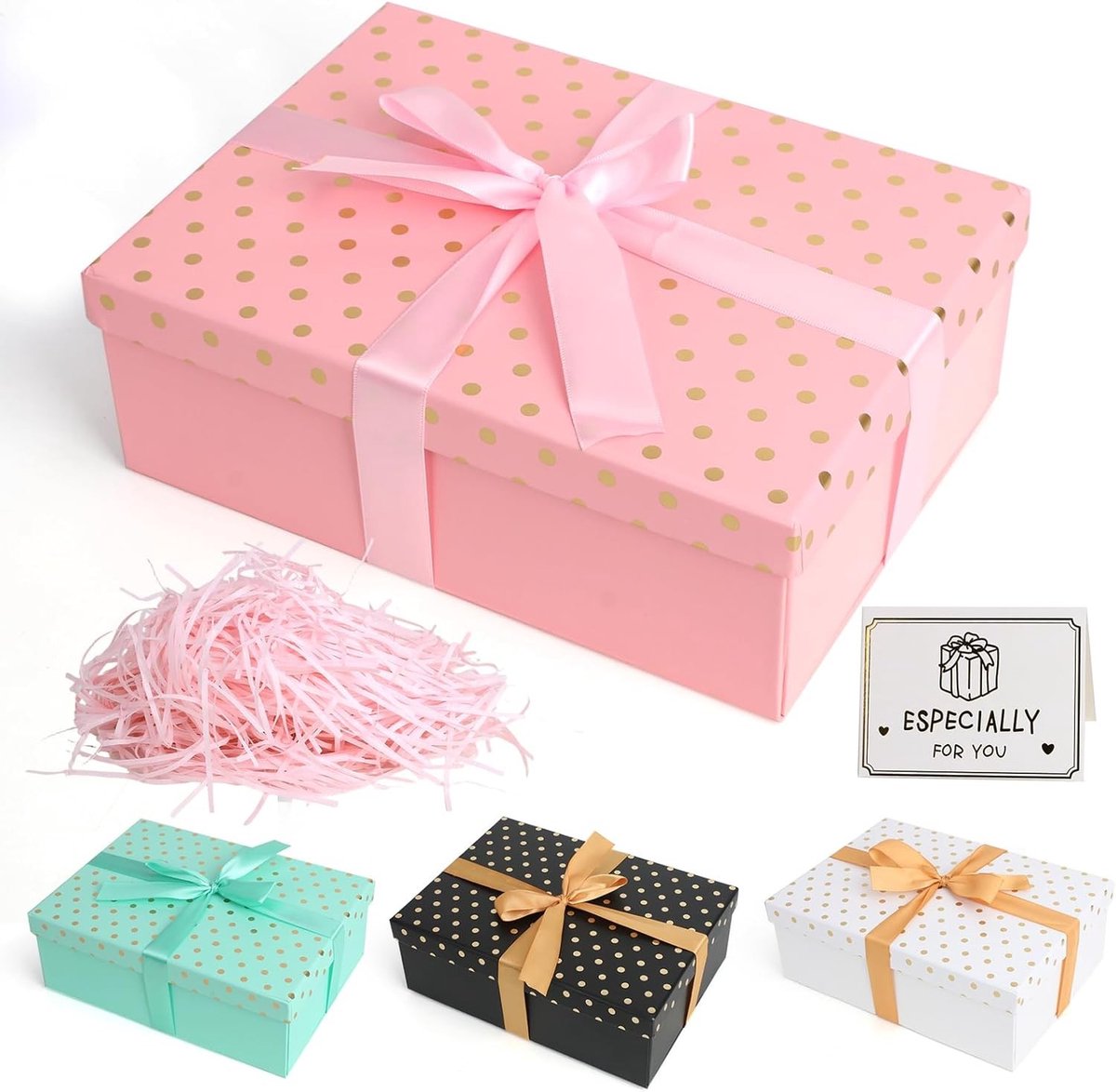 Premium Cadeaudoos met Deksel, Vouwbare Gift Box voor Verjaardagen, Valentijnsdag en Feestdagen, Inclusief Strikset en Raffia Wenskaarten, 25 x 18 x 8,5 cm