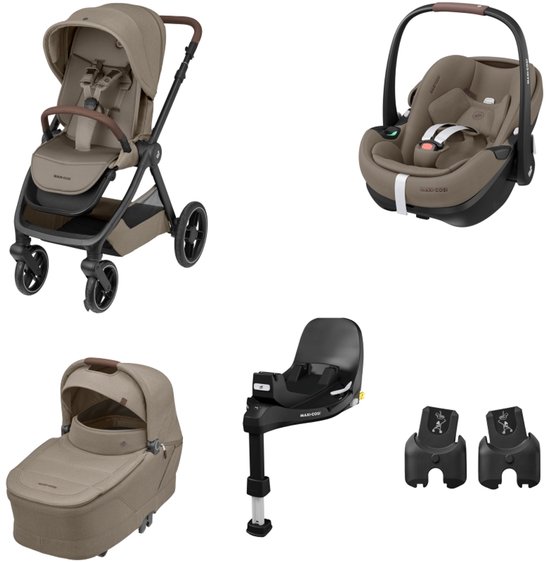Set van Maxi-Cosi kinderwagen, autostoel, reiswieg, draaibare basis en adapters in bruine kleur.