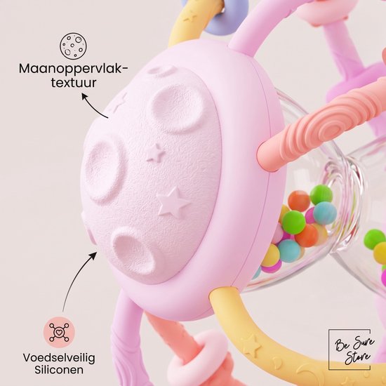 Roze zandloper rammelaar met voedselveilige siliconen textuur, geschikt om op te bijten.