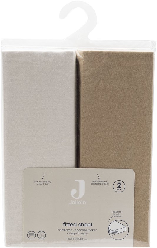 Verpakking met twee Jollein jersey hoeslakens in naturel en beige.