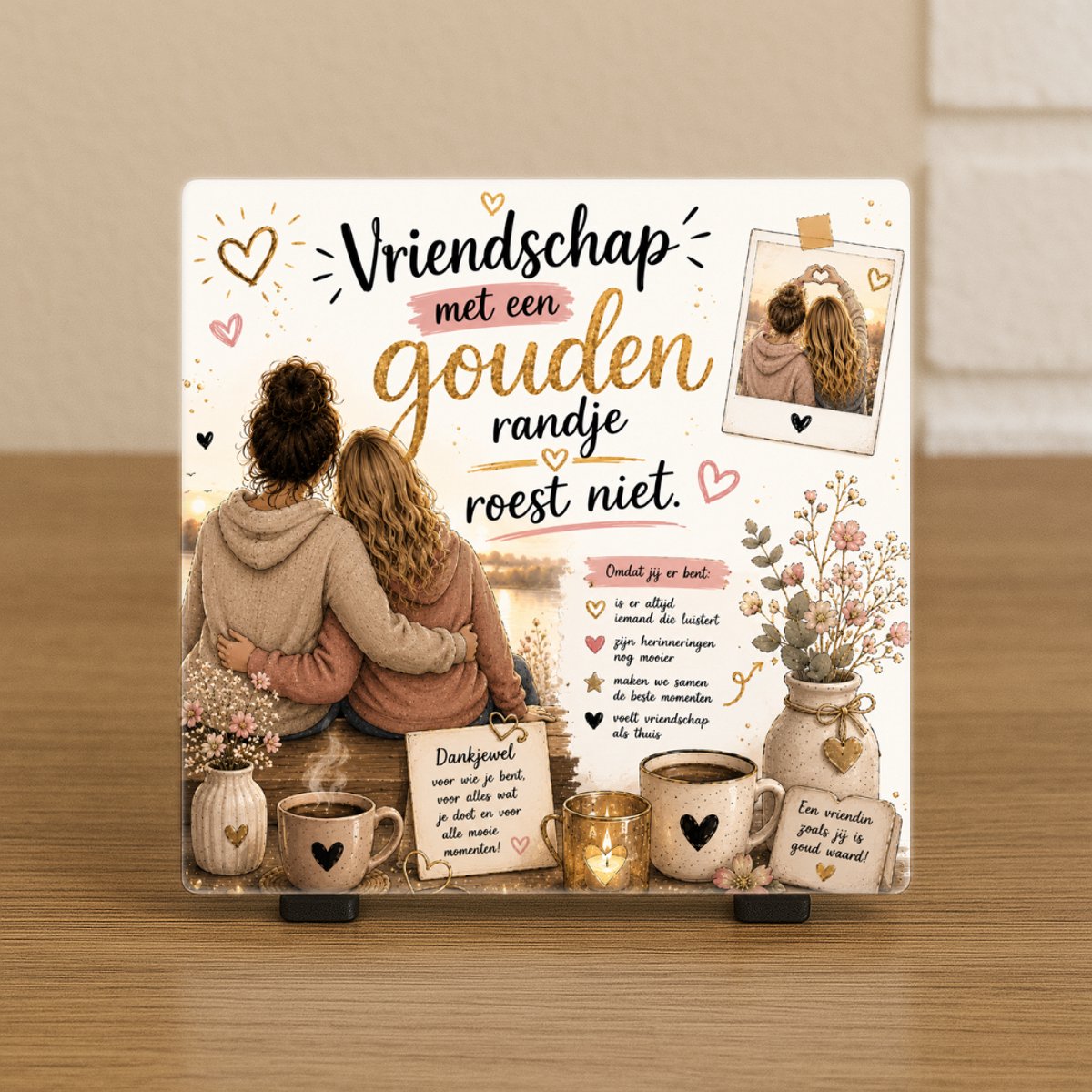 Wenstegeltje “Vriendschap met een gouden randje roest niet” – Cadeau tegeltje – Trendy nu – Vriend(in) – Collega – Vriendschap – Zomaar – Cadeau – Incl standaard