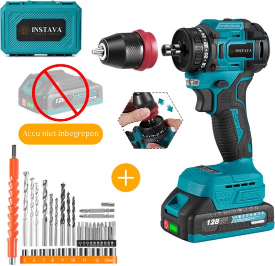 Instava schroefboormachine, bitset, opbergkoffer en accessoires. Accu niet inbegrepen.