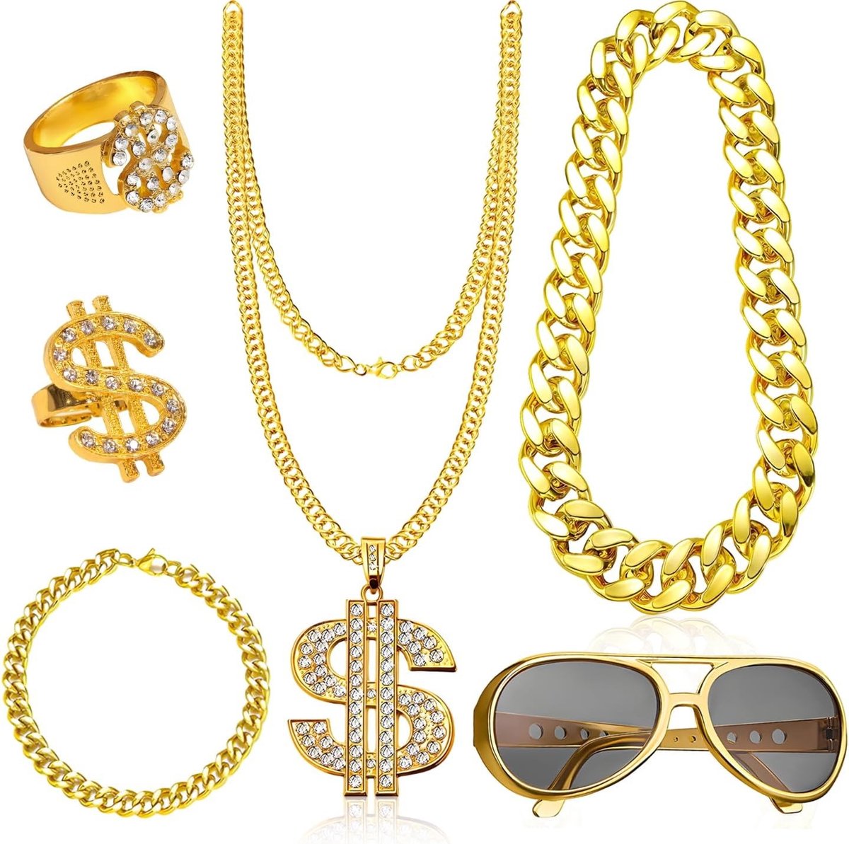 Set van 6 kettingen met dollar teken voor feestelijke kostuums, retro styling en themafeesten zoals Halloween en verjaardagen